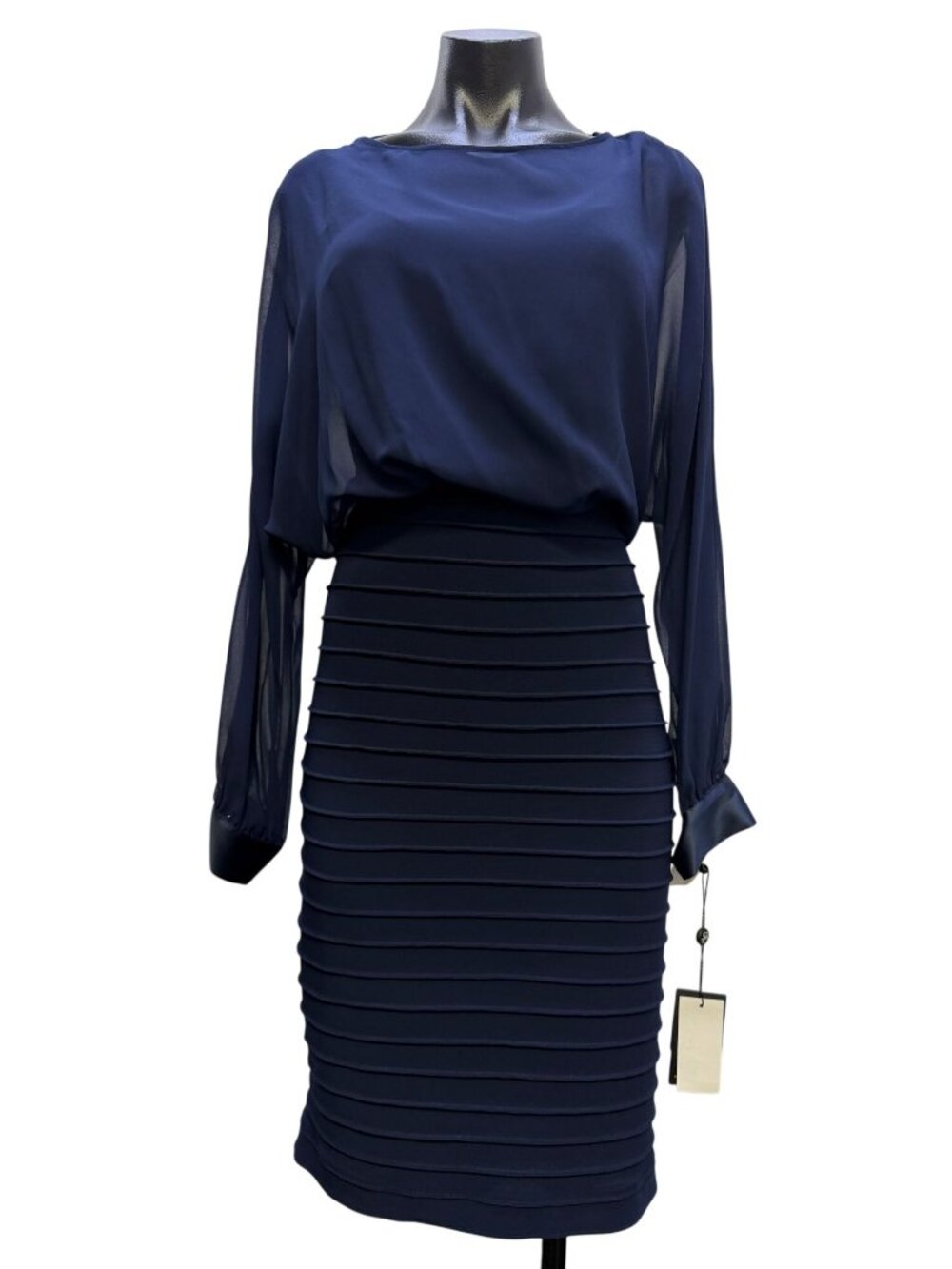 NWT Adrianna Papell Navy Long Sleeve Blouson Bodice Dress 8